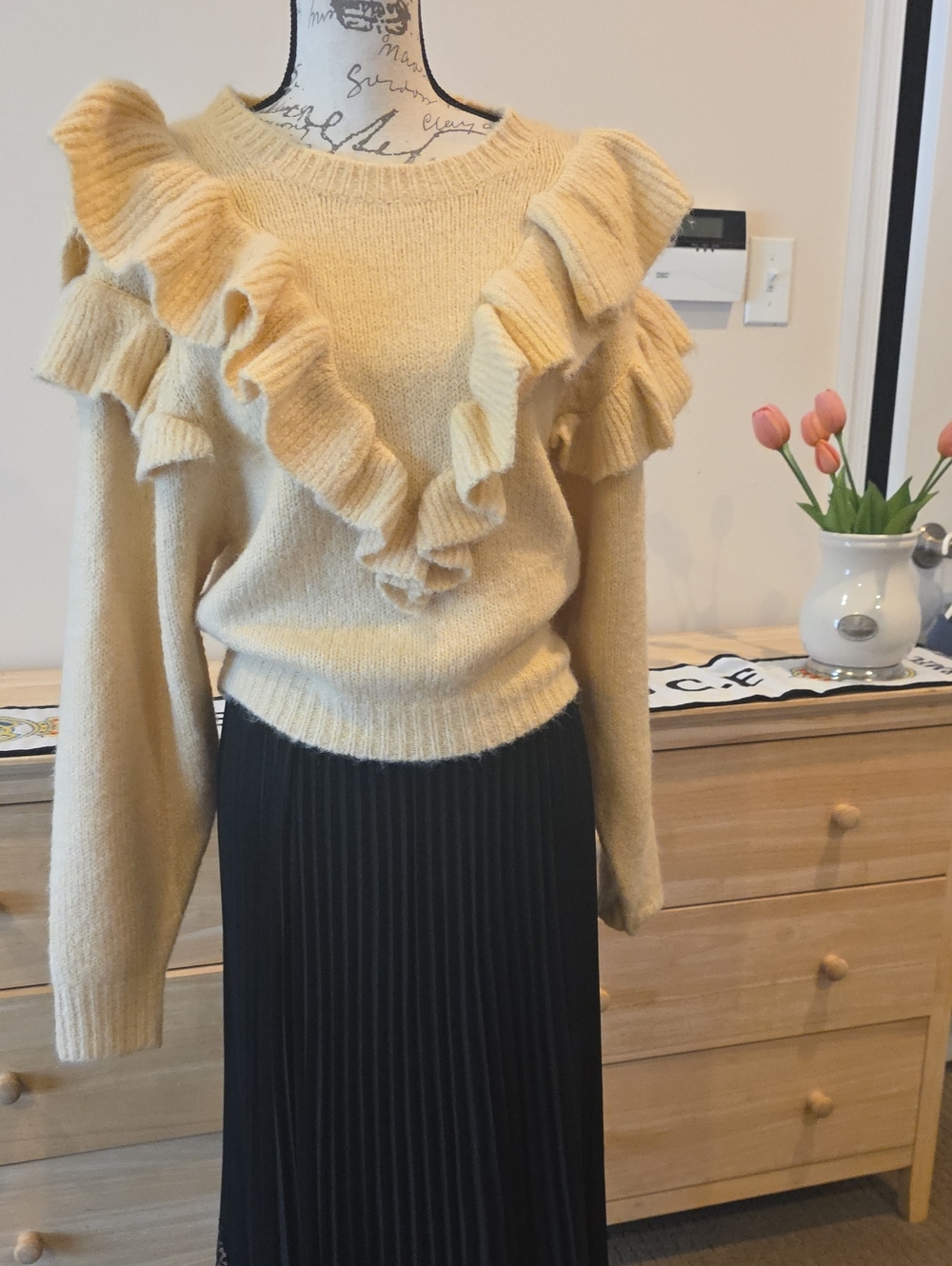 Lost + Wander Cream Ruffle V-Front Crewneck Sweater